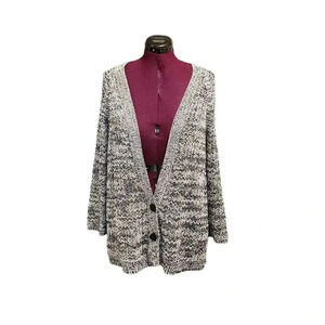 J. Jill Womens Sz XL Gray Black Chunky Crochet Knit Grandpa Cardigan Sweater